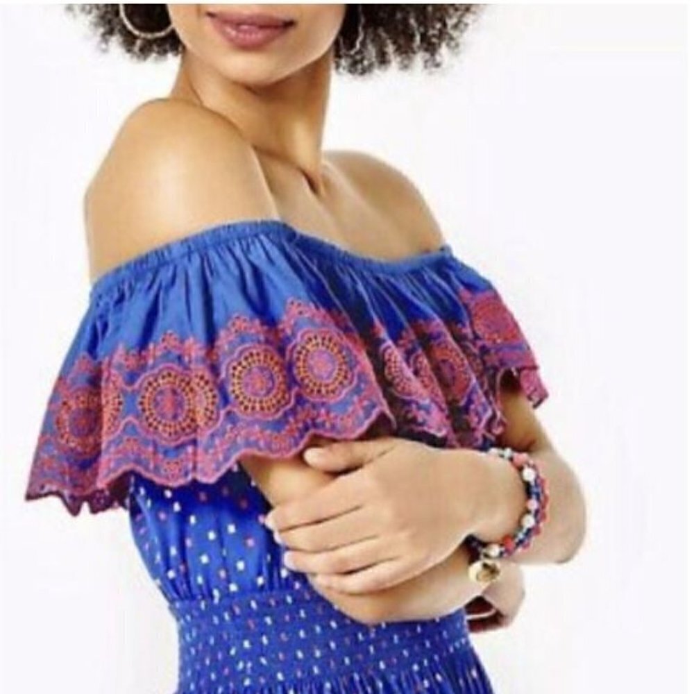 Lilly Pulitzer Kalama Off Shoulder Dress Borealis Blue Lilly Squared Small NWT
